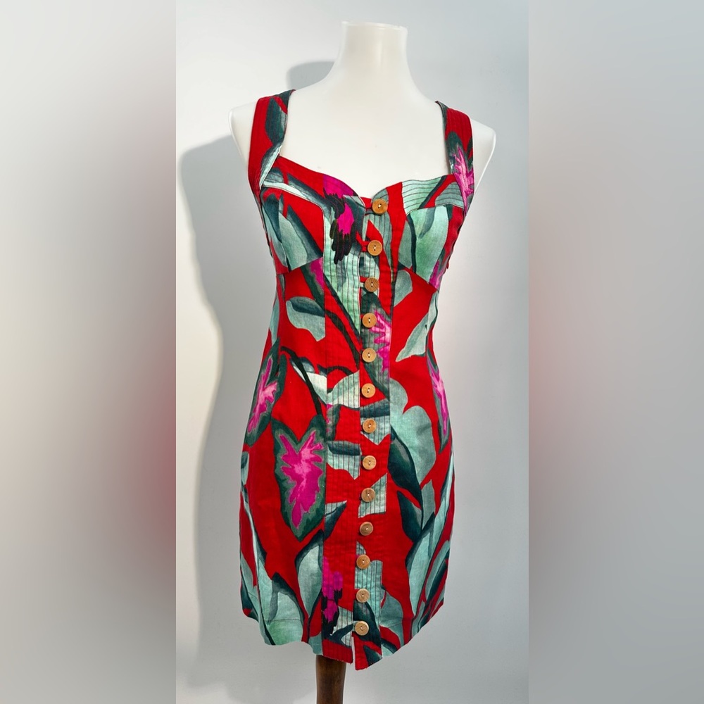 Farm Rio Summer Foliage Linen Mini Dress XS Button Front Tropical Crossback Red - Picture 5 of 12